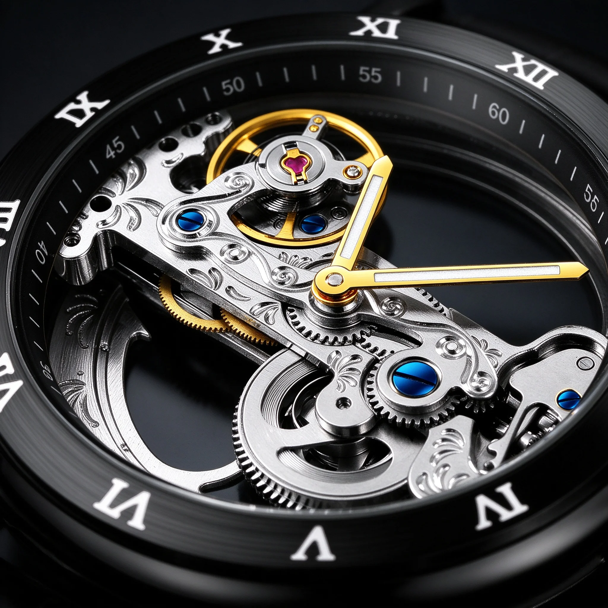 FORSINING Men's Skeleton Automatic Mechanical Watch Luxury Fashion Business Leather Strap Roman Dial 44mm 3ATM Waterproof Gift