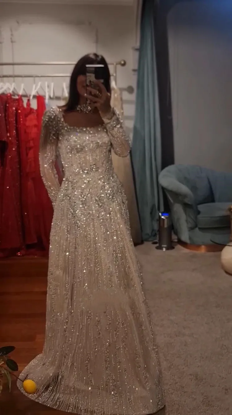 FATAPAESE فساتين سهرة رائعة من الخرز الأحجري هوت كوتور فساتين سهرة فاخرة بأكمام طويلة للحفلات الراقصة لحفلات الزفاف فستان عربي