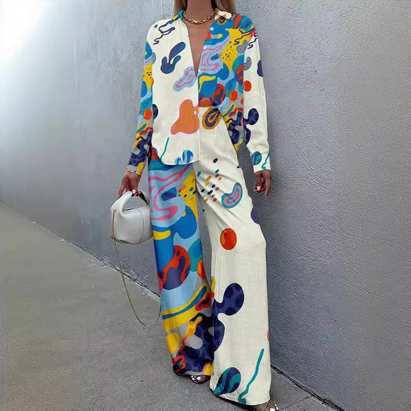 Vintage Geometric Print Two Piece Women Sets Spring Single Breasted Lapel Shirt & Wide Leg Pants Outfits Autumn Long Sleeve Suit