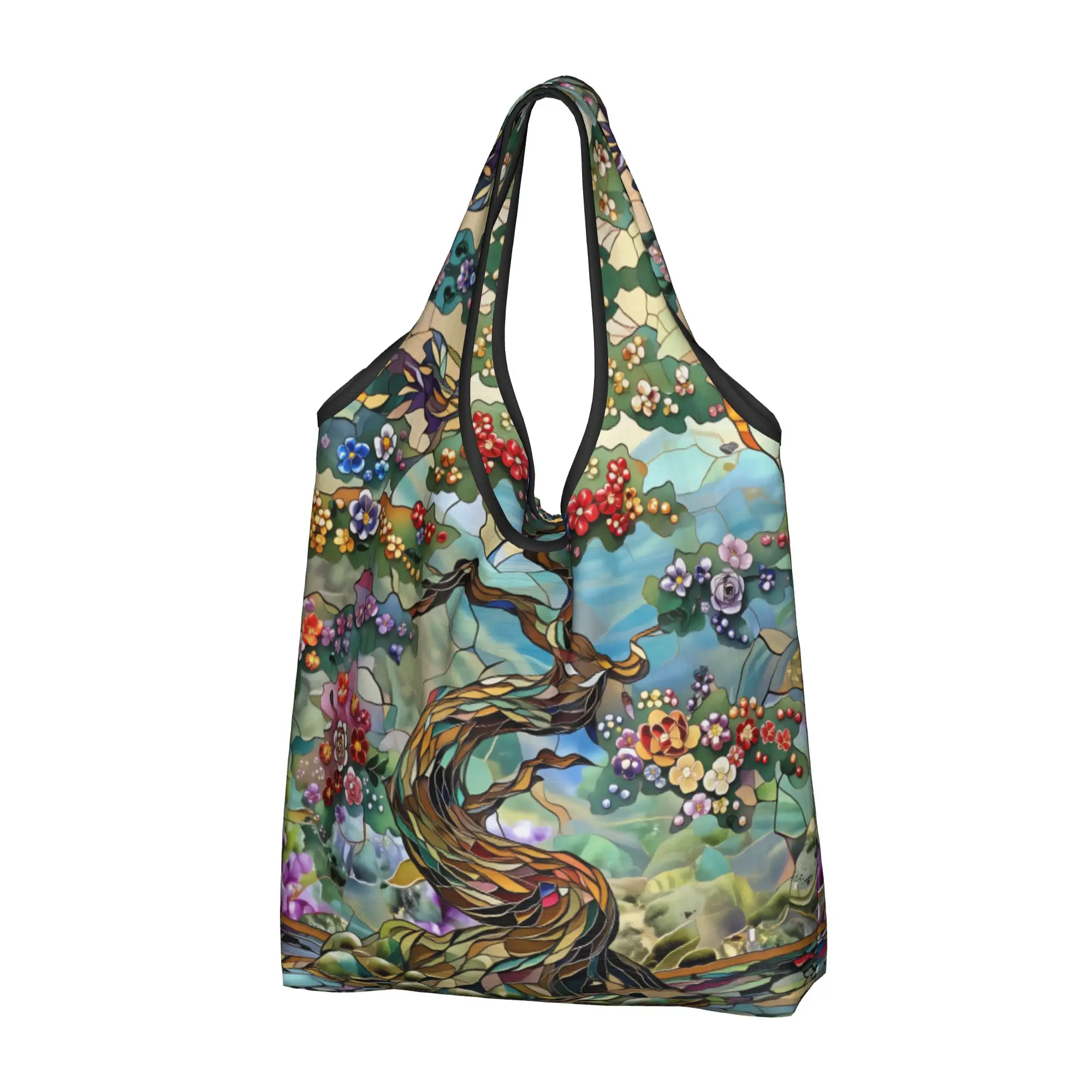 Custom  Japane Tree of Life  Shopping Bag Women Portable Large Capacity Grocery Stained Glass Watercolor  Tote Shopper Bags