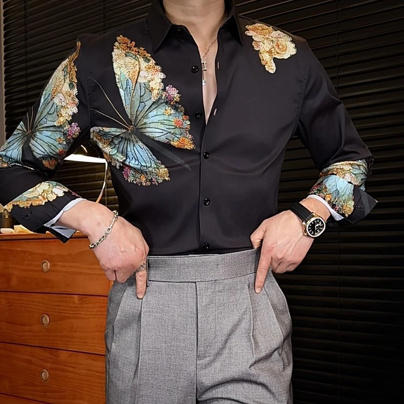 

Ele Long Sve Floral irt for Men Pattern Color National Trend Spring Summer High End Top Casual Wear