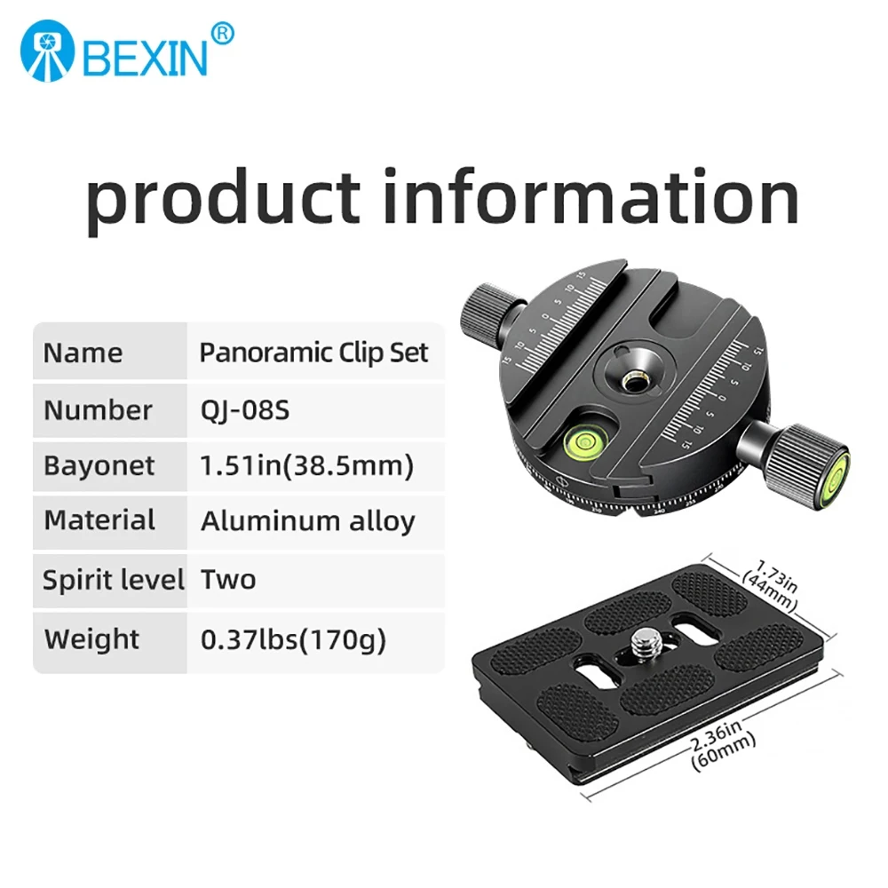 BEXIN QJ-08 Panoramic 360° Rotating Quick Release Plate Clamp Tripod Head Universal Photography Clamp Base for DSLR Camera