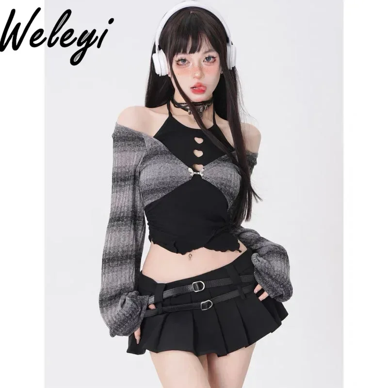 

Jirai Kei Y2k Two Piece Woman Clothing 2024 Summer Sweet Cute Niche Subculture Off Shoulder Striped Top High Waist Skirt Outfit