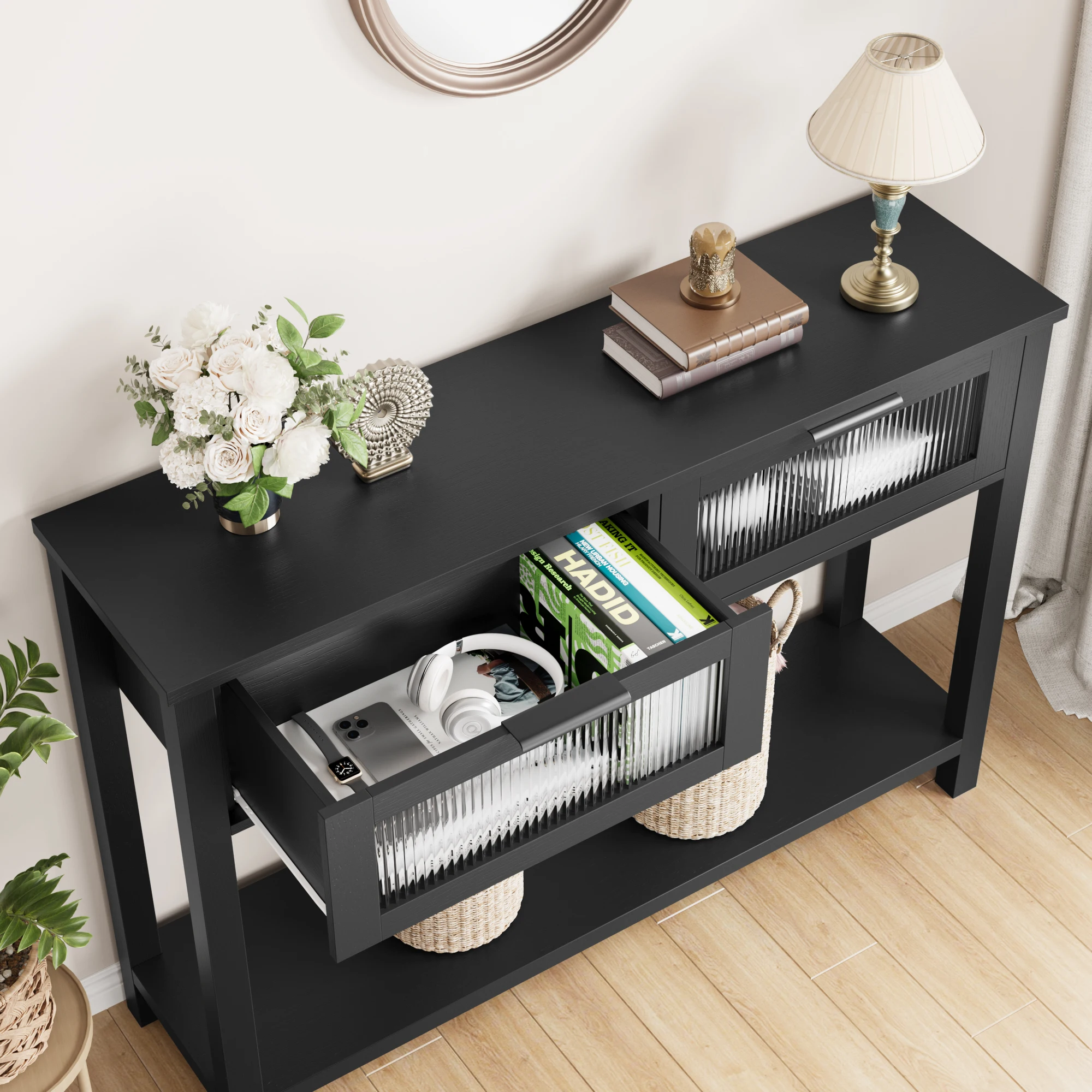 Console Table for Entryway – 2-Drawer Table with Glass Fronts and 2-Tier Storage for Living Room and Foyer