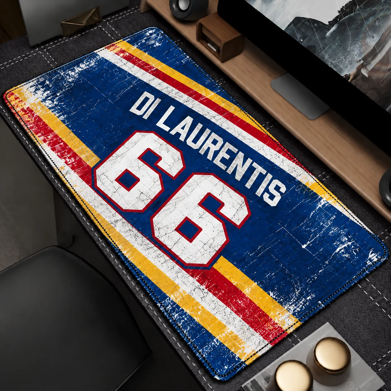 Large Vintage Hockey Jersey Style Desk Mat DI LAURENTIS 66 Retro Worn Texture Blue Red Yellow Striped Extended Mouse Pad