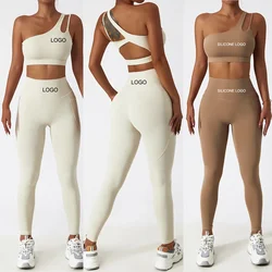 Custom LOGO High Quality One Shoulder Bra Top Pants Sports Set Environmental Friendly Women's Sportswear High Waist Sportswear