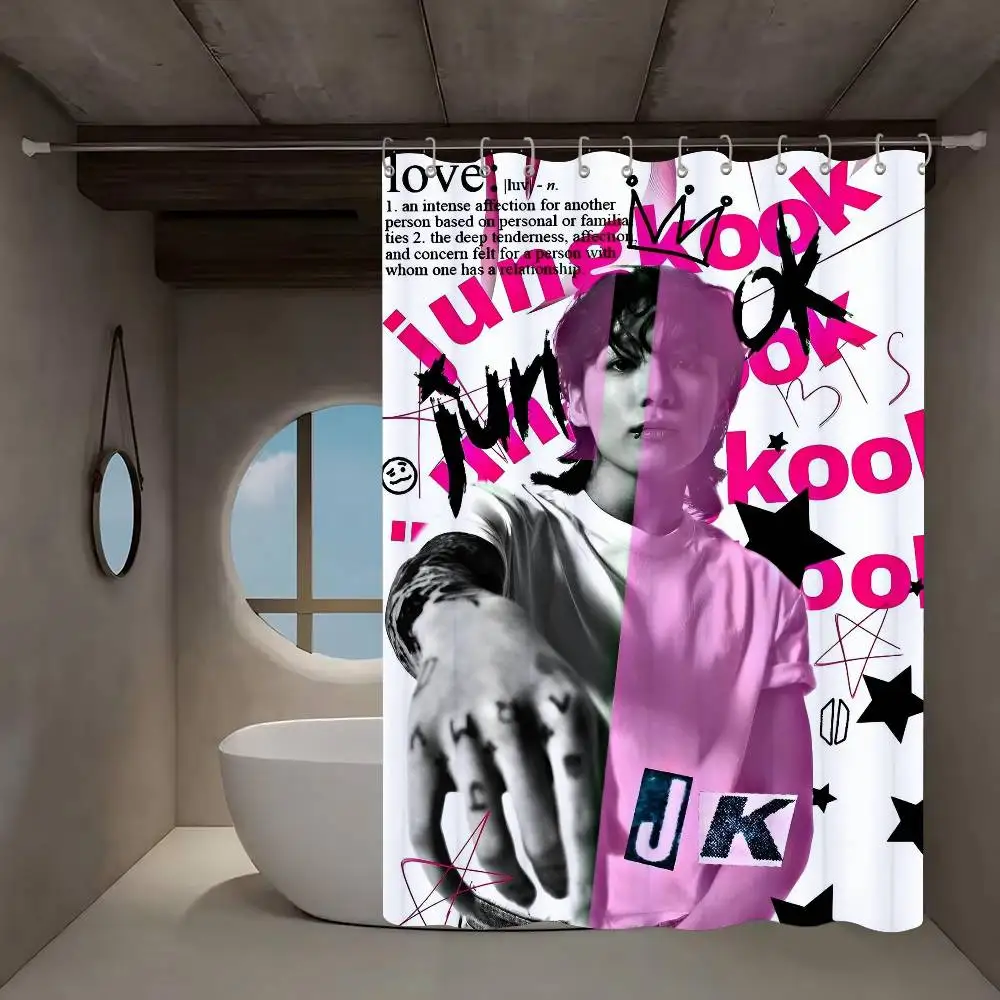 KPOP J-Jung K-Kook ستارة الحمام الكلاسيكية أنيمي النسيج دش الستار مع 12 السنانير ديكور الحمام مقاوم للماء