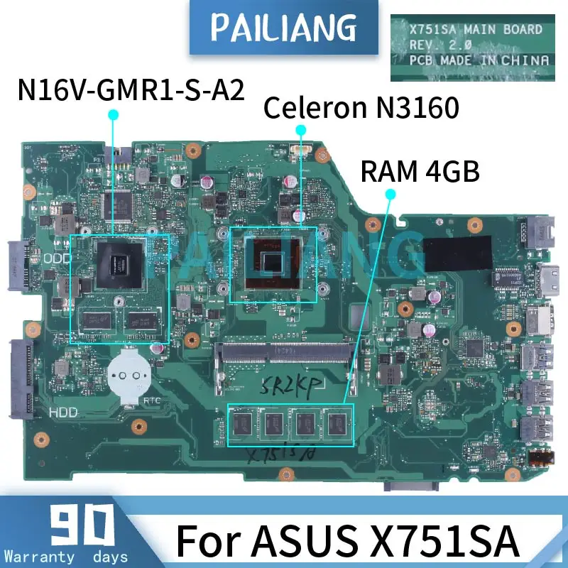 

For ASUS X751SA Celeron N3160 2.24 GHz GT920MX Laptop Motherboard REV.2.0 4GB RAM SR2KP N16V-GMR1-S-A2 DDR3 Notebook Mainboard