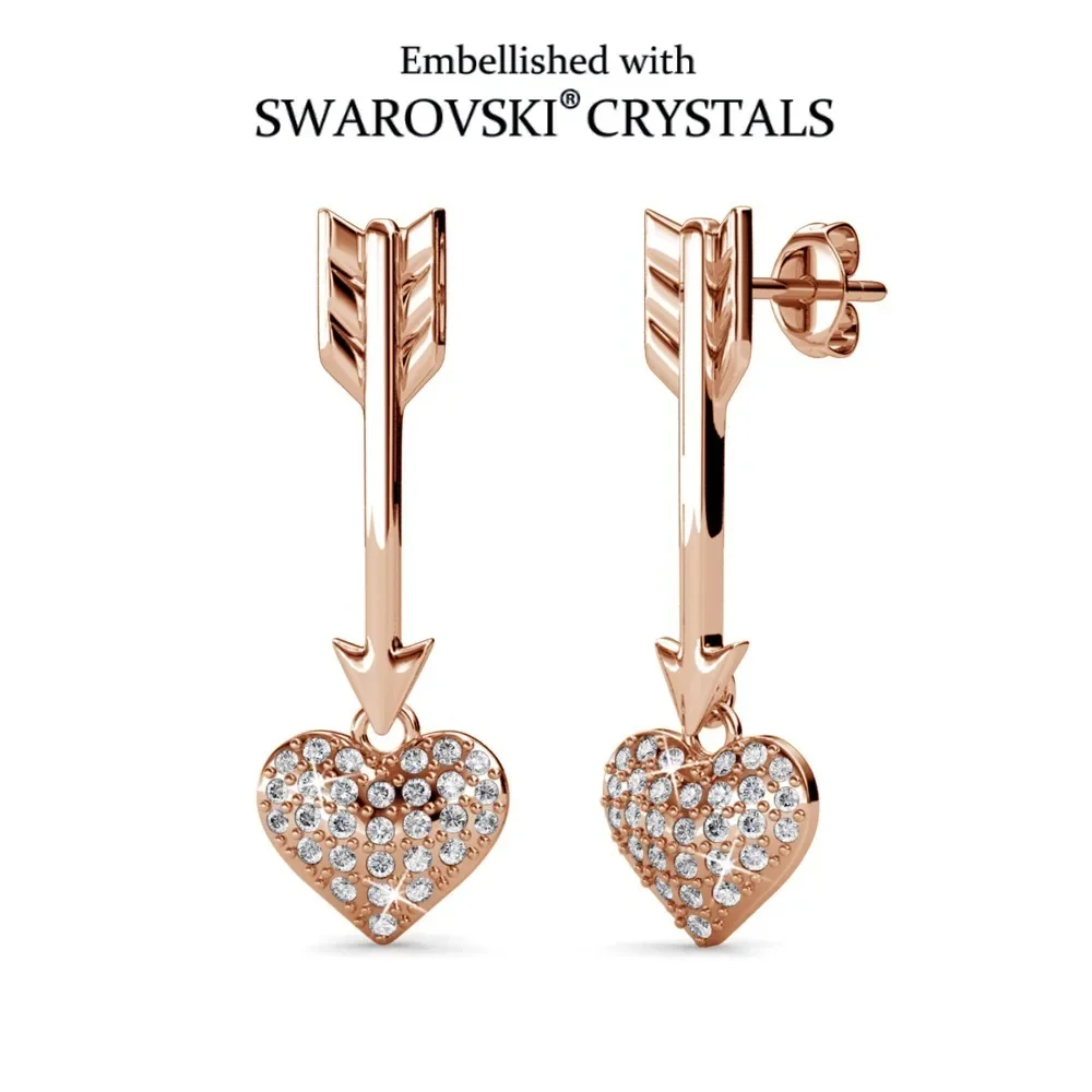 Daisini Arrow Heart Drop Earrings for Women, Embellished with Swarovski Crystals, 18K Rose Gold Plated, Romantic Jewelry Gift