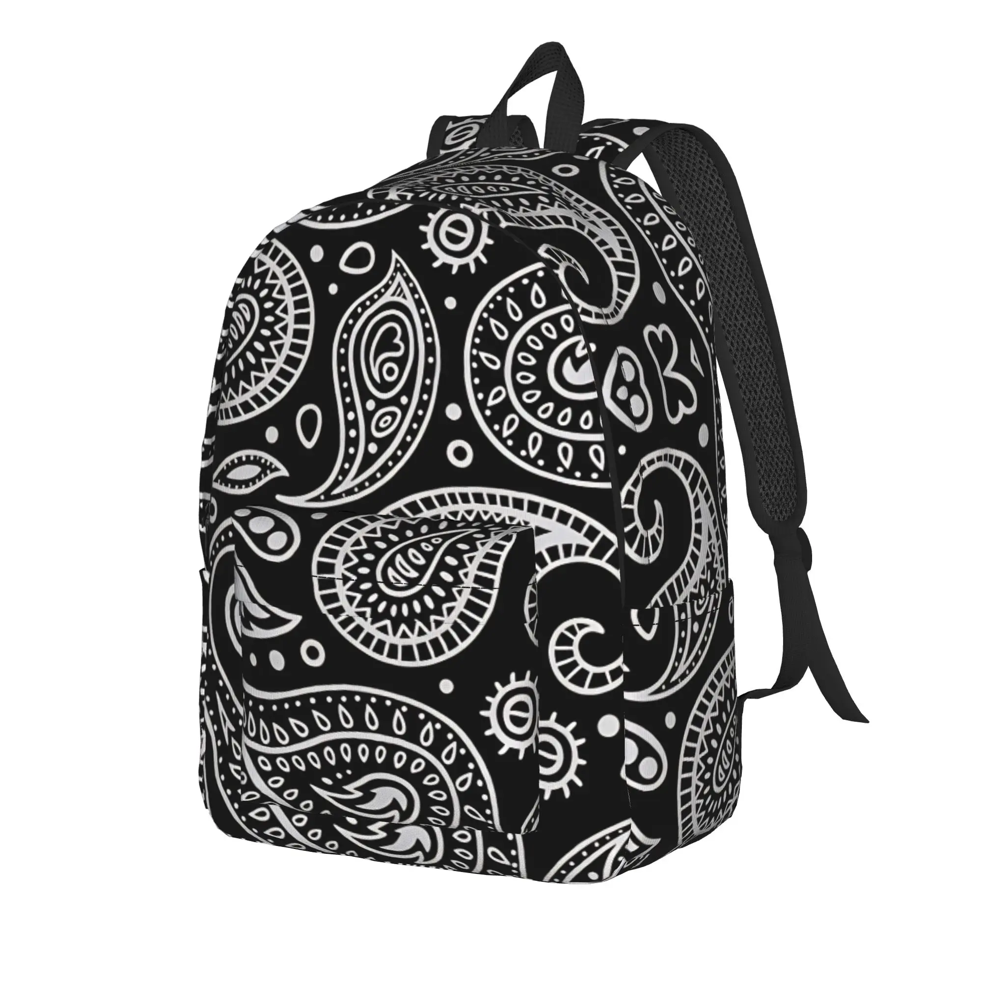 White Paisley Ethnic Boho Black Base Backpack  Streetwear Backpacks Boy Girl Trekking Soft High School Bags Colorful Rucksack