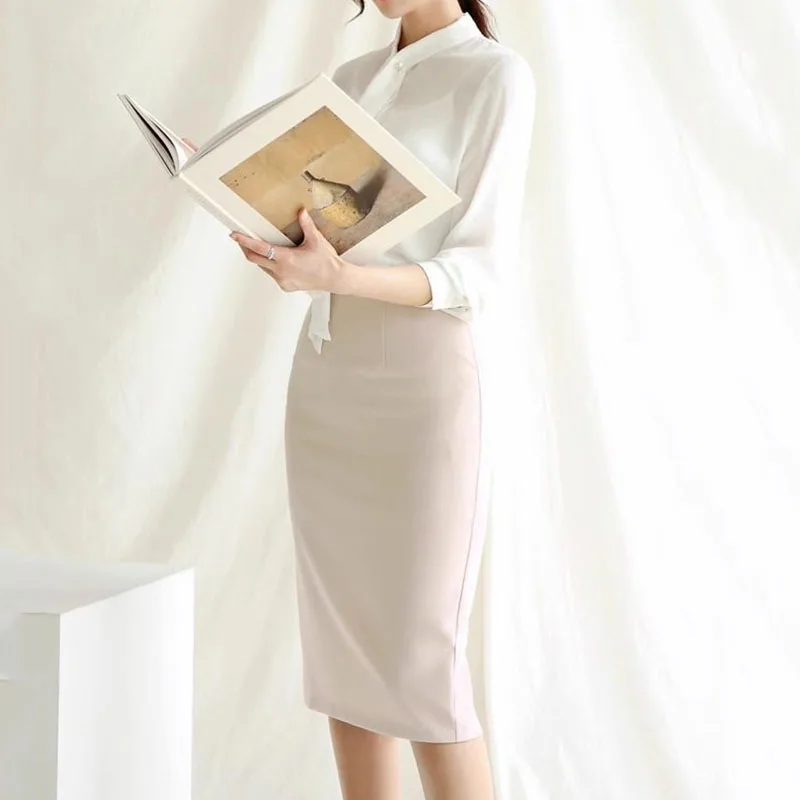 Elegante Hohe Taille Büro Dame Bleistift Rock Koreanische Mode Slim Fit Paket Hüfte Midi Röcke Frauen Einfarbig Alle-spiel Röcke – Detail 8