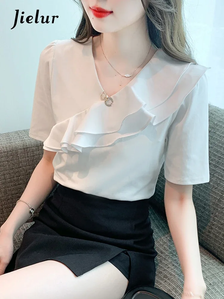 

Jielur Summer New Korean Solid Color Women Blouse Casual Loose Sweet Ladies Blouse Woman White Black V-Neck Fashion Top Female