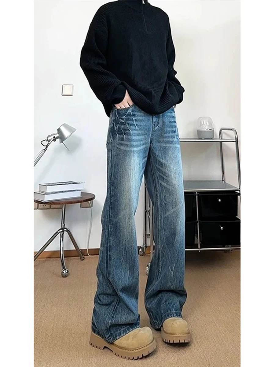 

Мужские джинсы с синим узором в виде молнии, с высокой талией, расклешенные, прямого кроя, длинные брюки, модные, в уличном стиле, в американском стиле, зимняя мода