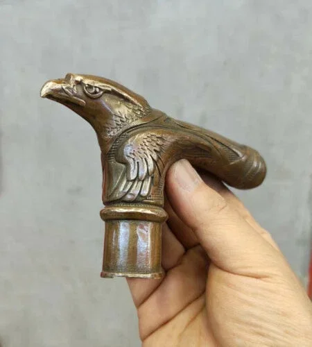 Chinese Brass Copper Hand carved Cane Walking Stick Head Handle eagle Statue