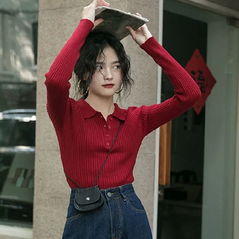 2024 Women\'s Sweater Pullover Winter Button Crop White Knit Tops for Woman Red Short New Knitwear Korean Style Clothes Tall In