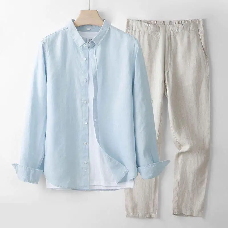 

Spring New Men's Cotton Linen Long Sleeve Shirt Casual Pants Two Piece Set Breathable Middle-aged Youth Wear Comfortable Suit