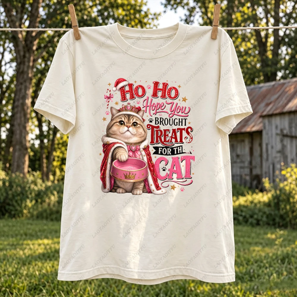 Ho Ho Hope You Brought Treats Cat Graphic Women Casual Short Sleeve T-Shirt Funny Christmas Pet Cat Owner Holiday Gift Jumper