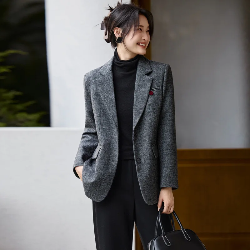 New High-Quality Wool Jacket Women Spring Autumn single-breasted Woolen Coat Fashion Outwear Suit Collar Overcoat Female Tops