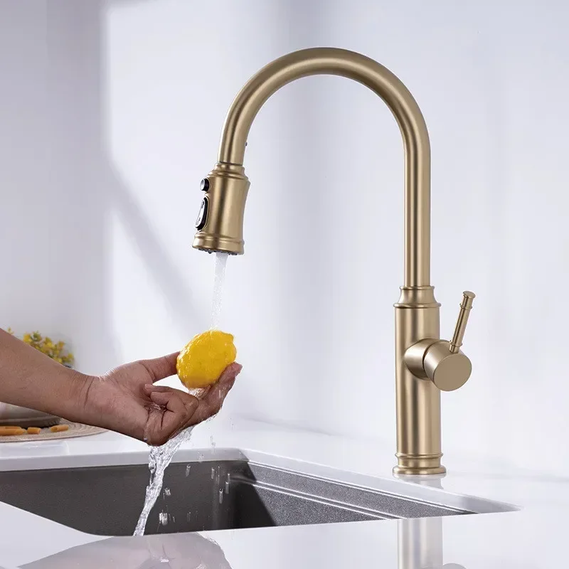 

Brushed Gold Pull Out Kitchen Faucet Brass Gray Sink Faucet Tap 360 degree rotation torneira cozinha mixer taps Gold Kitchen Tap