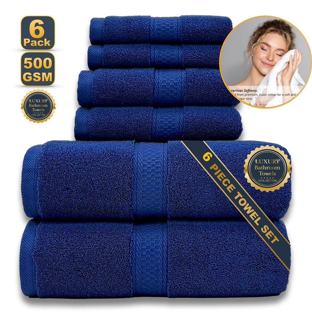 2 Bath Towels 2 Hand Towels 2 Face Wash Towels 100% Cotton Bathroom High Quality Absorbent Hotel Family Deluxe 6 Piece Set Blue