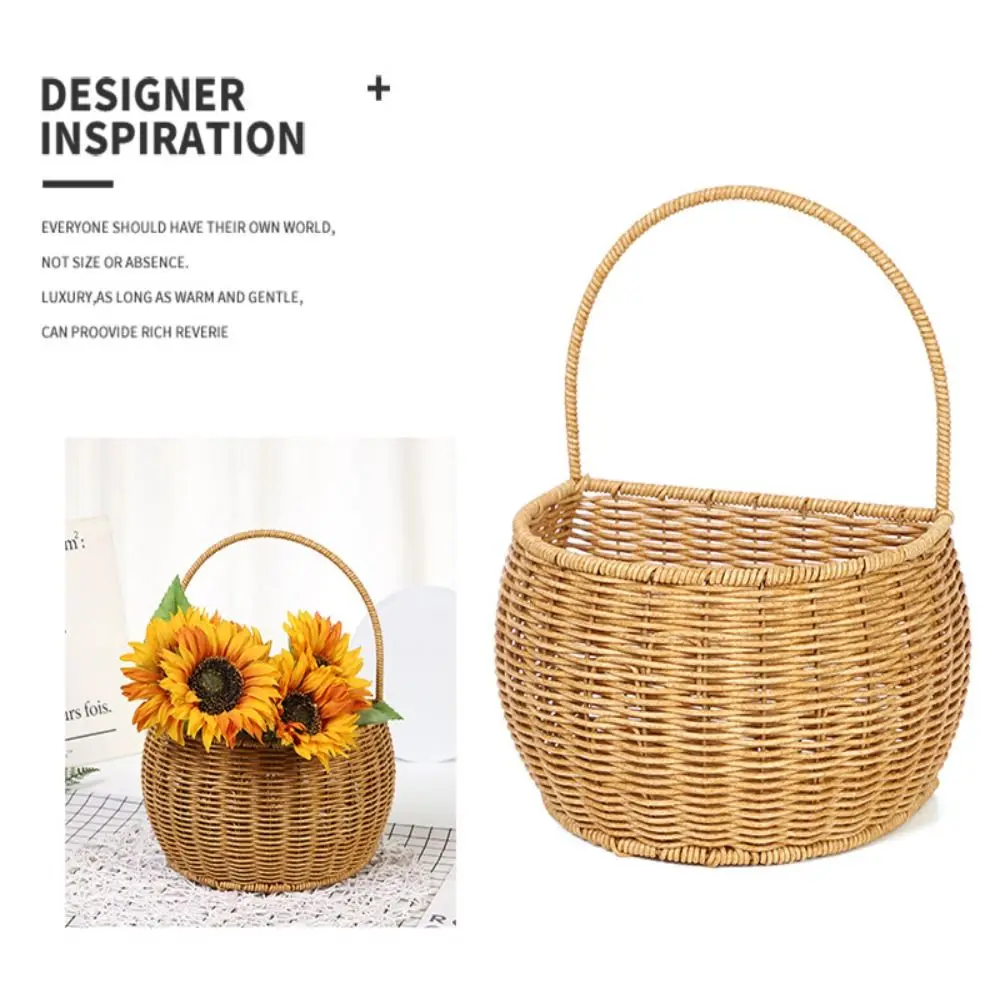 Imitation Rattan Kitchen Storage Basket Brown with Handle Hand-woven Hanging Baskets Vegetable Fruit Flower Toilet Rack