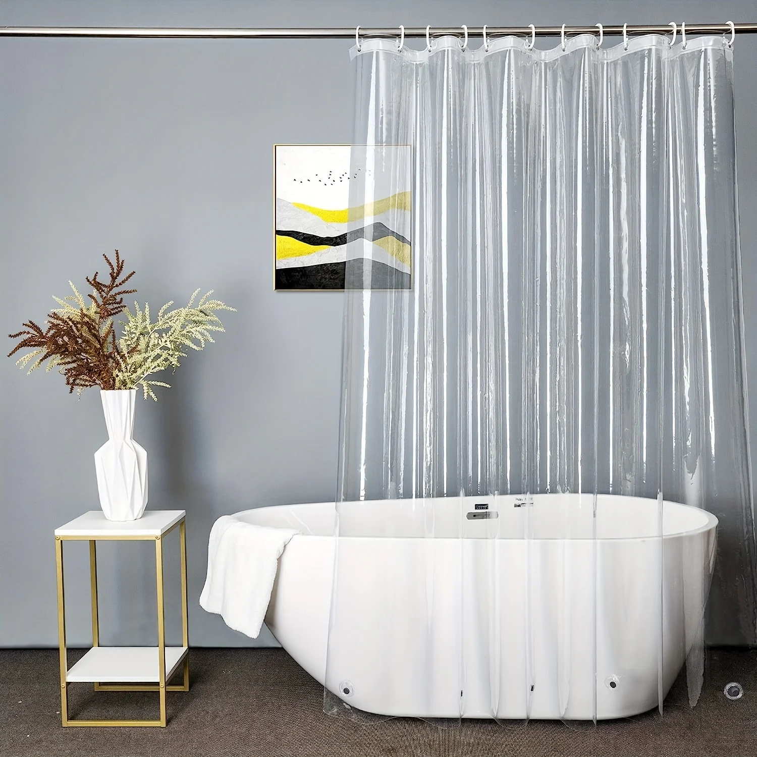 1pc Transparent Plastic Shower Curtain With 12 Hooks And 3 magnet,Waterproof And Mildew-Proof Fabric Bath Curtain,Bathroom Decor