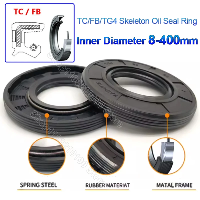 ID 8-400mm OD 18-440mm H 5-20mm TC/FB/TG4 Skeleton Oil Seal Ring NBR Double Lip Seal With Garter Spring for Rotation Shaft Black