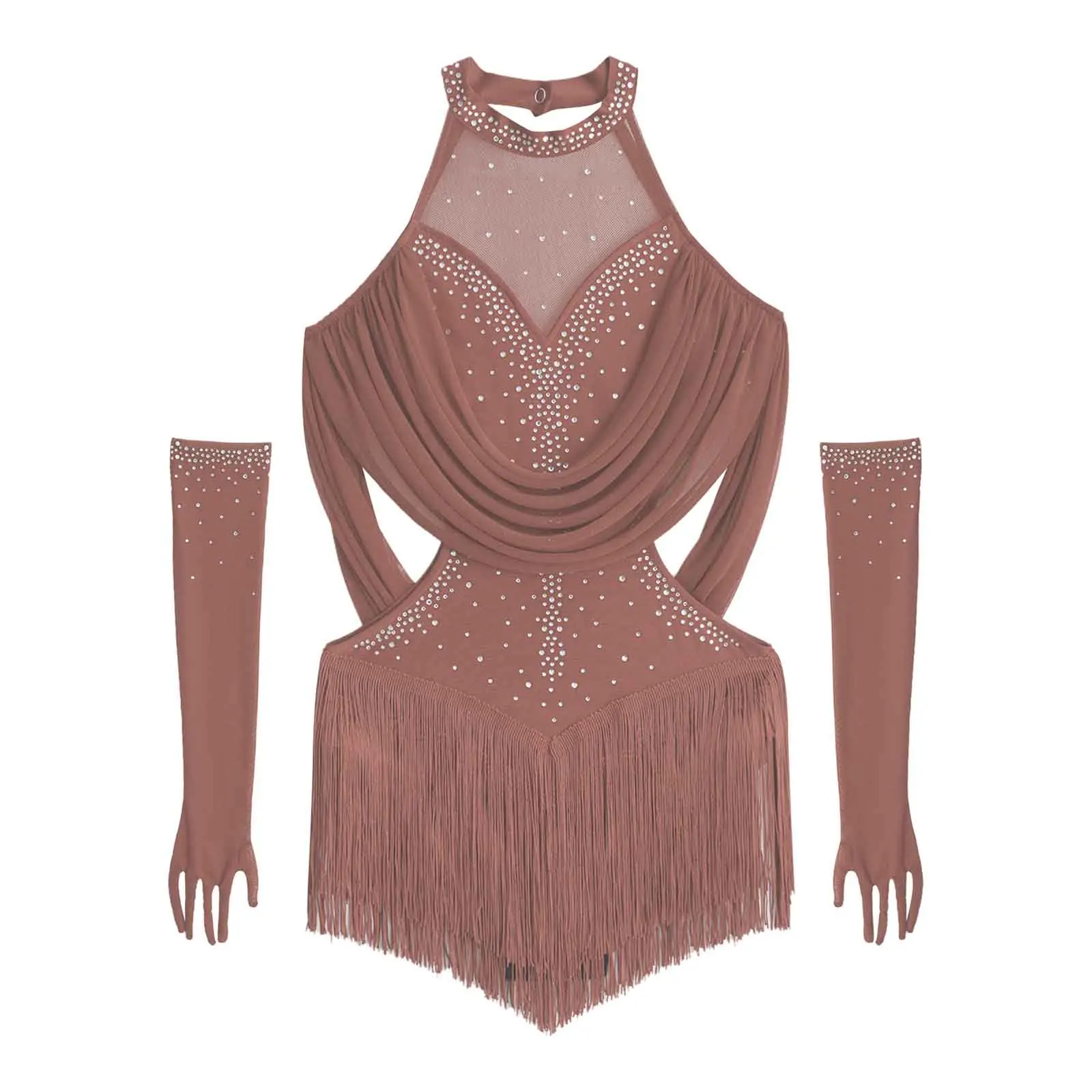 Childs Girls Tassel Latin Dance Leotard Costume Rumba Chacha Tango Bodysuit with Mesh Gloves Stage Performance Kids Dancewear