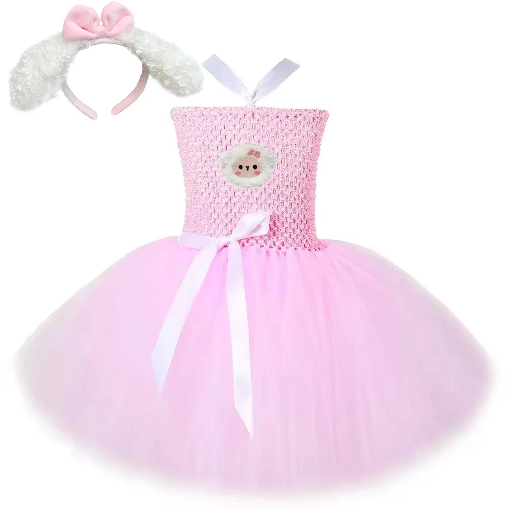 

Baby Girls Pink Sheep Lined Tutu Dress for Kids Animal Lamb Costumes with Hairbow Children Birthday Clothes Halloween Outfits