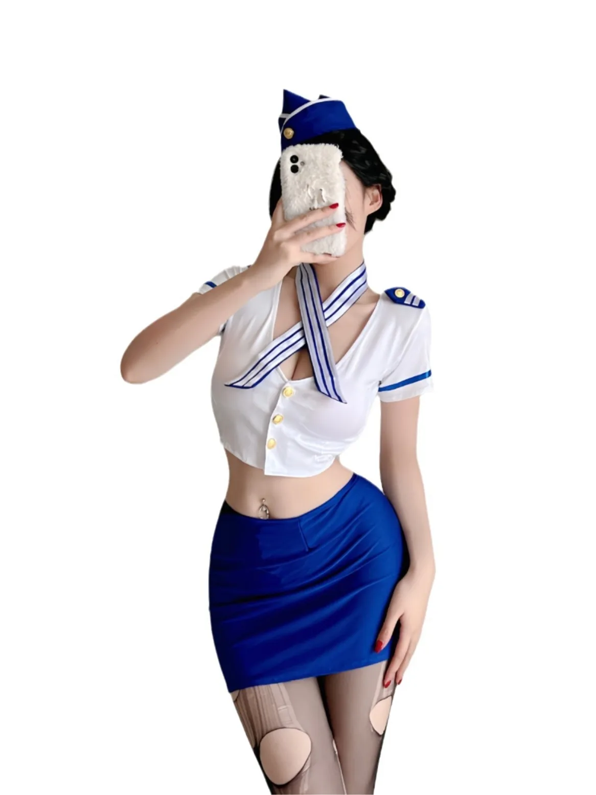 Blue Skirts Set Sexy Uniform Set Cosplay Attendant Secretary Female Jk Uniform Off Shoulder Top Cardigan Two Piece Skirt Set 9A7