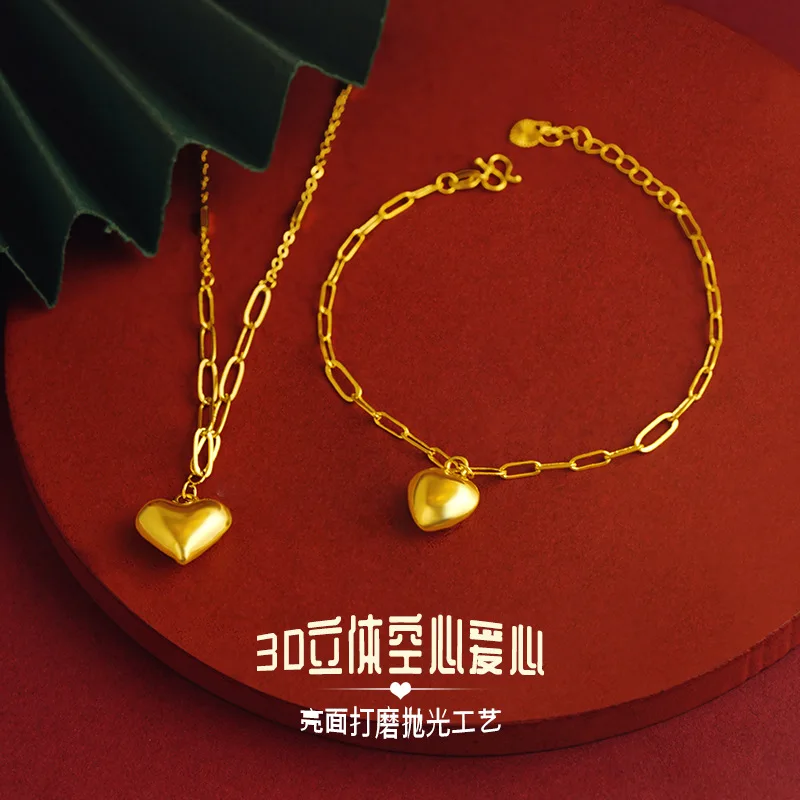 Luxury 24K 9999 Pure Gold real gold Simple 3D Love Necklace suit Heart Bracelet