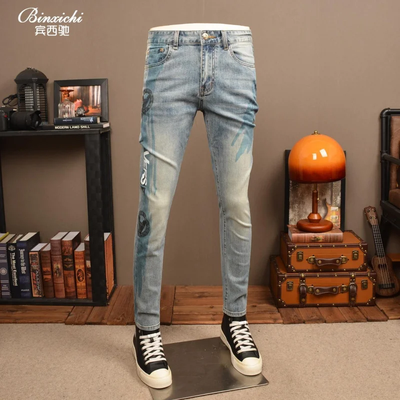 Men's Summer Denim Pants Thin Lightweight Vintage Style Printed Stretch Slim Skinny Versatile Casual Daily Wear