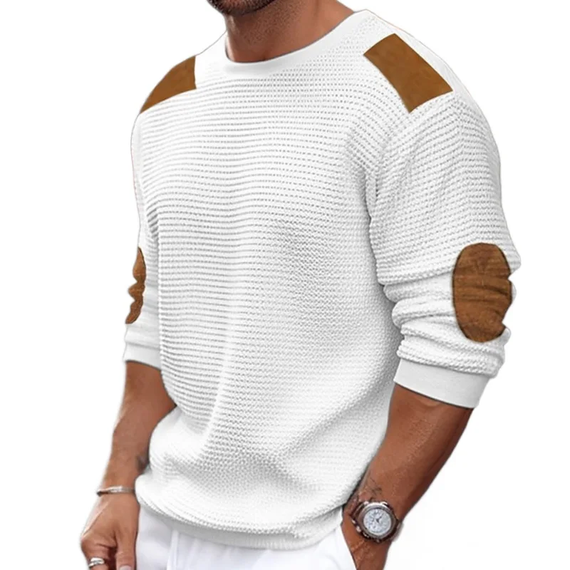 Men Patchwork Suede Knit Sweater Slim Fit Long Sleeve O-neck  Knitwear Spring Autumn Fashion Knitted Pullover Tops Streetwear