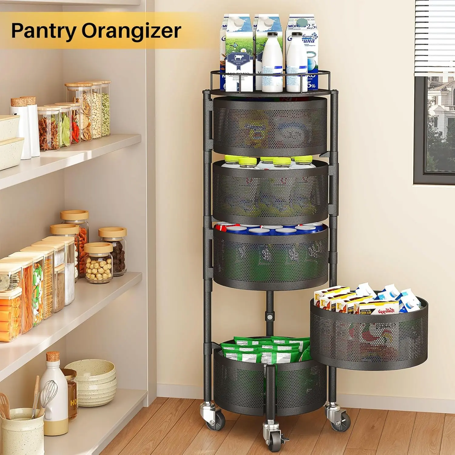 أوعية سلة الفواكه والخضروات للمطبخ مع غطاء علوي معدني، عربة تخزين دوارة من 5 طبقات لخبز بصل البطاطس، جديد #5