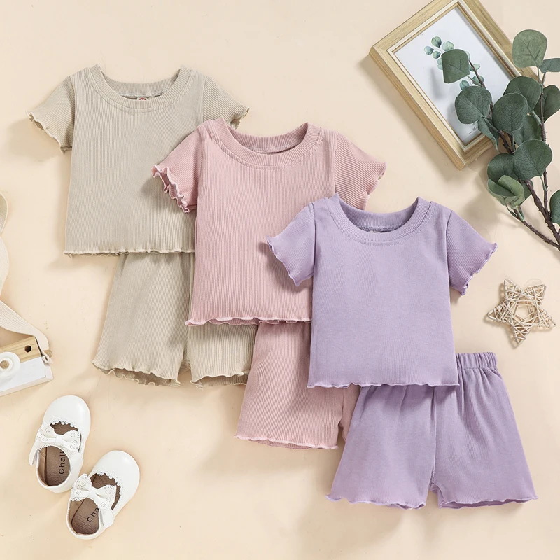 12M-5Y Little Girl's 2 Pieces Ruffled Hem Outfit Set Round Neck Short Sleeve Ribbed Solid Color T-Shirt + Elastic Waist Shorts