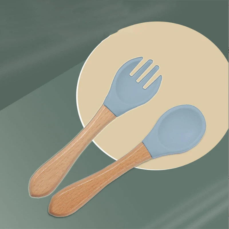 2Pcs Children\'s Wooden Handle Silicone Fork Spoon Soft and Resistant To Falling Baby Feeding Spoon Set Auxiliary Food Fork Spoon