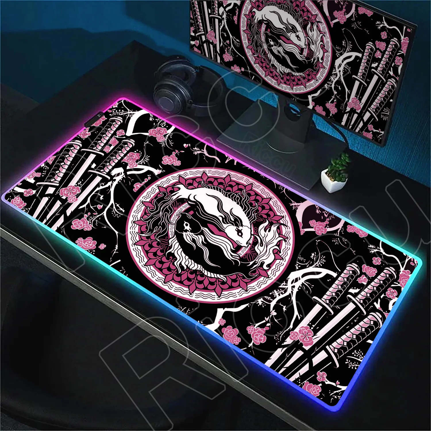 

RGB Mouse Pad Yin-Yang Fish LED Glowing Keyboard Mice Carpet PC Gamer Katana Art Mousepad Office Rubber Table Mat With Backlight
