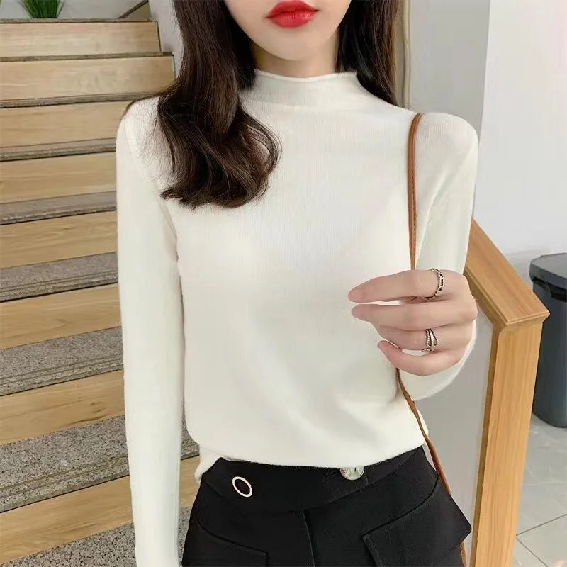 

Pullover Round Collar Sweater Women Fall Soft Knit Slim Elastic Korean Solid Color Basic Jumper Tops T215