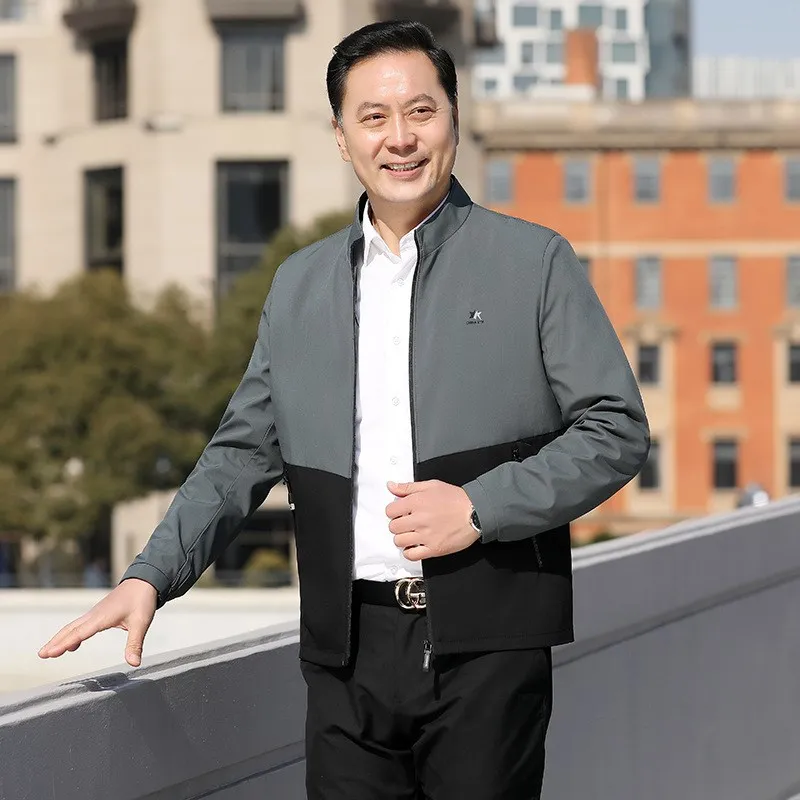 

Casual Pure Color Men's Jaet Spring Autumn New Sle Simple Flip Collar Busin Coat Windproof Polyester Fiber Long Sve