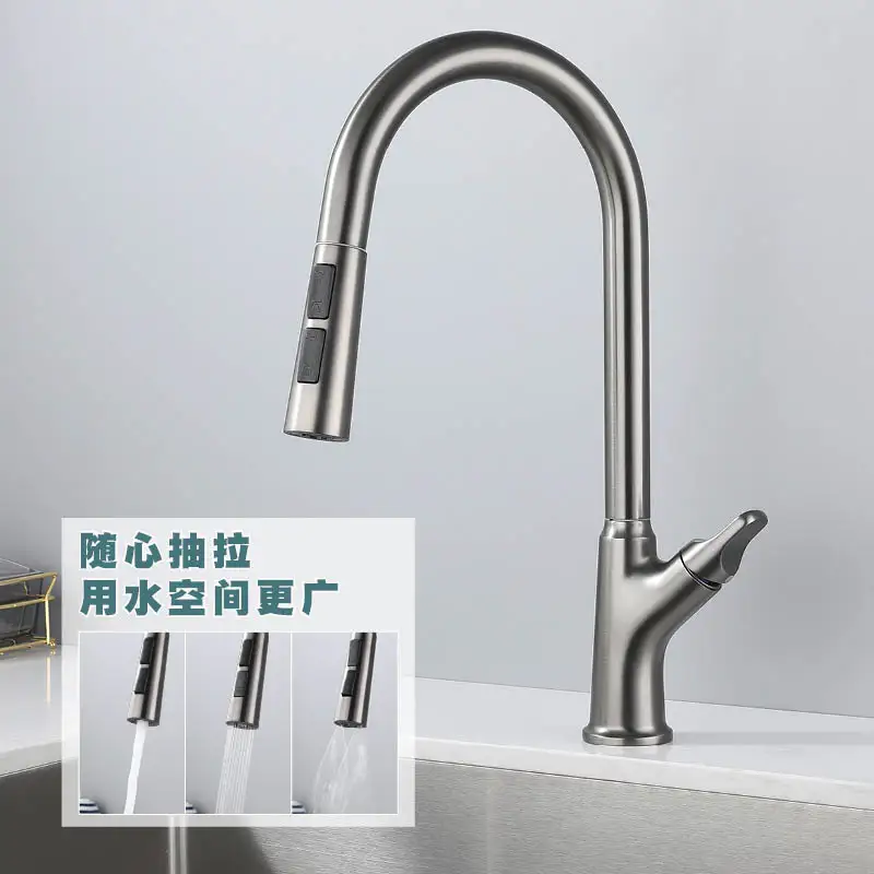 سطح جبل ثقب واحد سحب أسفل بالوعة الحنفيات الحديثة مزدوجة وظيفة بالوعة المطبخ صنبور مقبض واحد الباردة الساخنة خلاط الصنابير رمادي #5