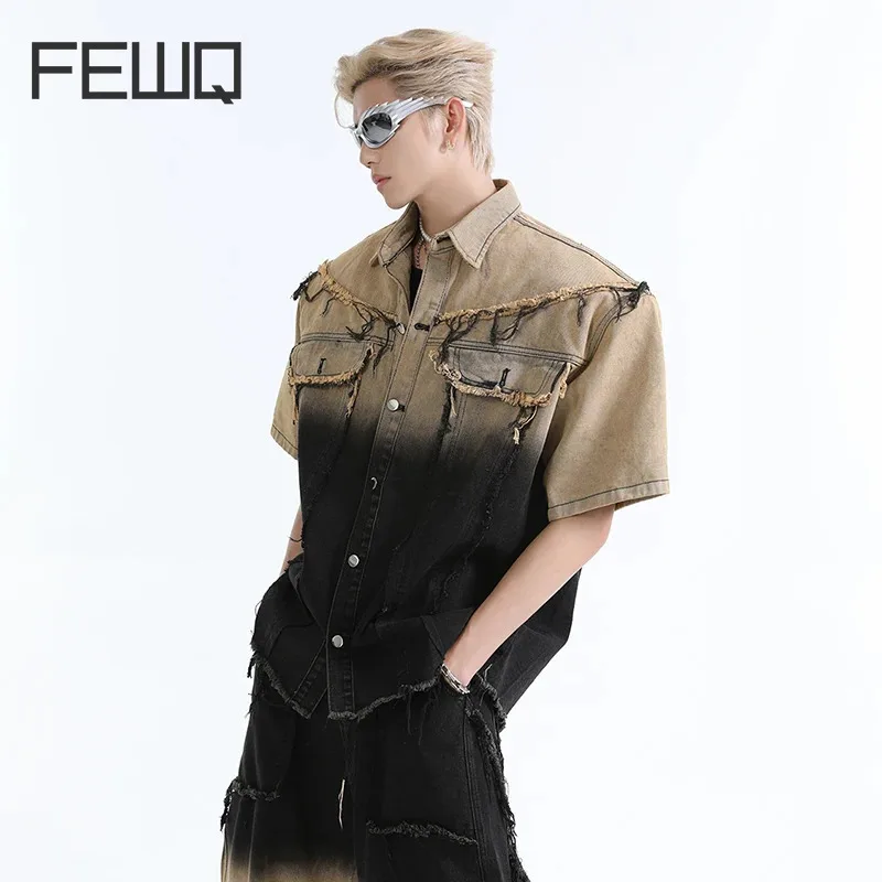 FEWQ American Washed Gradient Short Sleeved Jacket Design Jeans Contrast Color Turn-down Collar 2024 Male Sets Casual