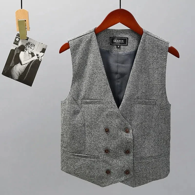 Women\'s Suit Vest Brown Double Breasted V Neck Retro Tweed Vests Casual Slim Fit Commuter Wedding Formal Business Waistcoat