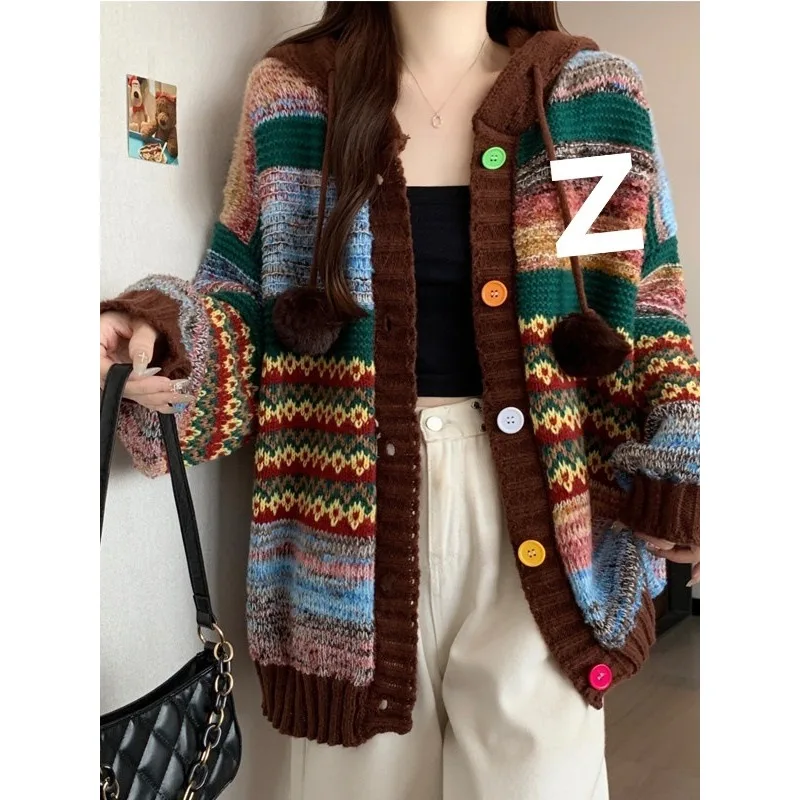 A Retro Color-blocking Hooded Striped Sweater Jacket for Women in Autumn Large-sized Laid-back High-end Slimming Knitted Sweater