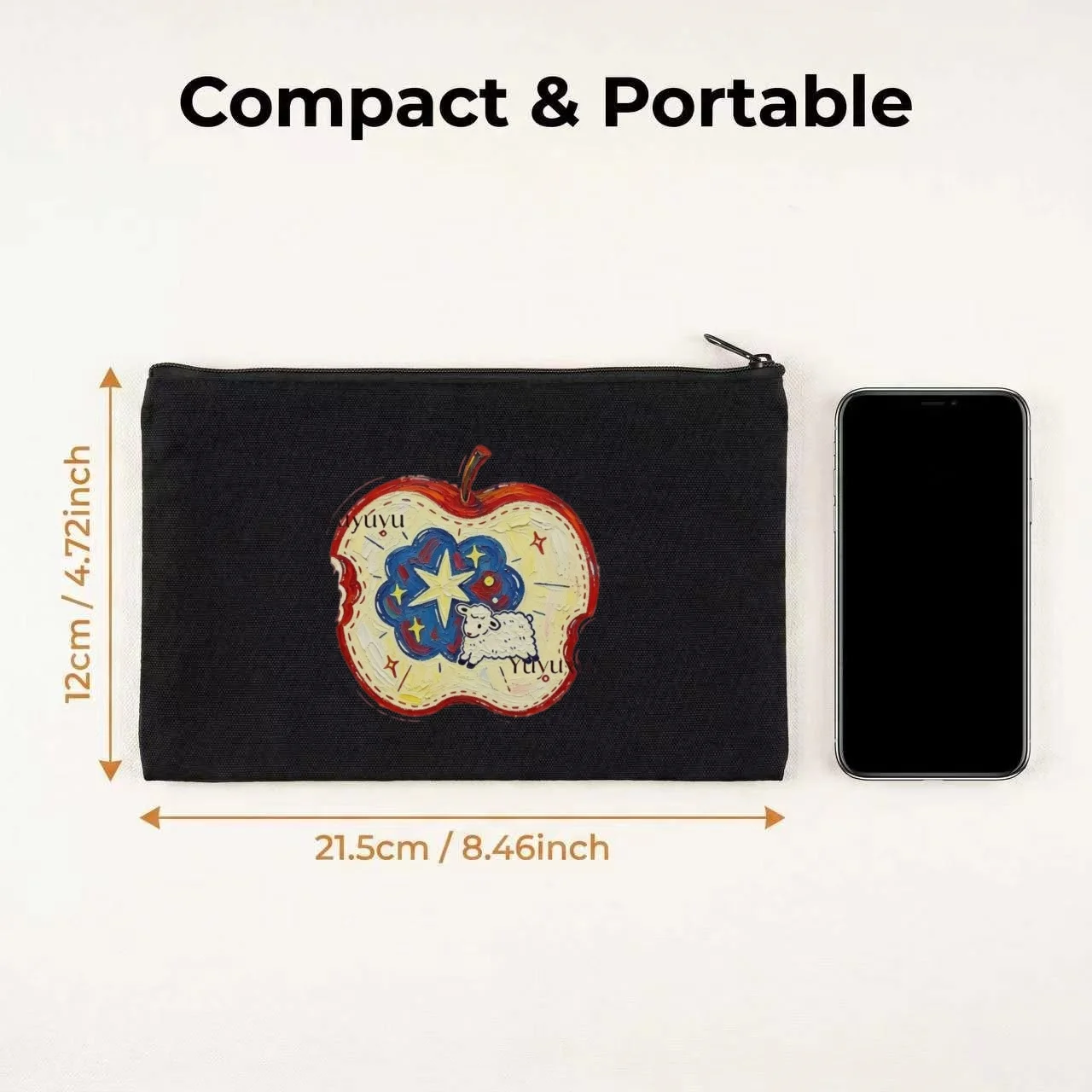 1PC Cute Starry Lamb Inside Red Apple Print Makeup Bag Double Sided Canvas Daily Storage Organizer