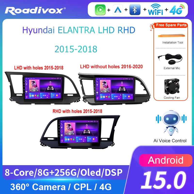 AI VOICE roadivox Android car radio for Hyundai ELANTRA LHD RHD 2015 2018 stereo GPS Navigation video Multimedia Player tape
