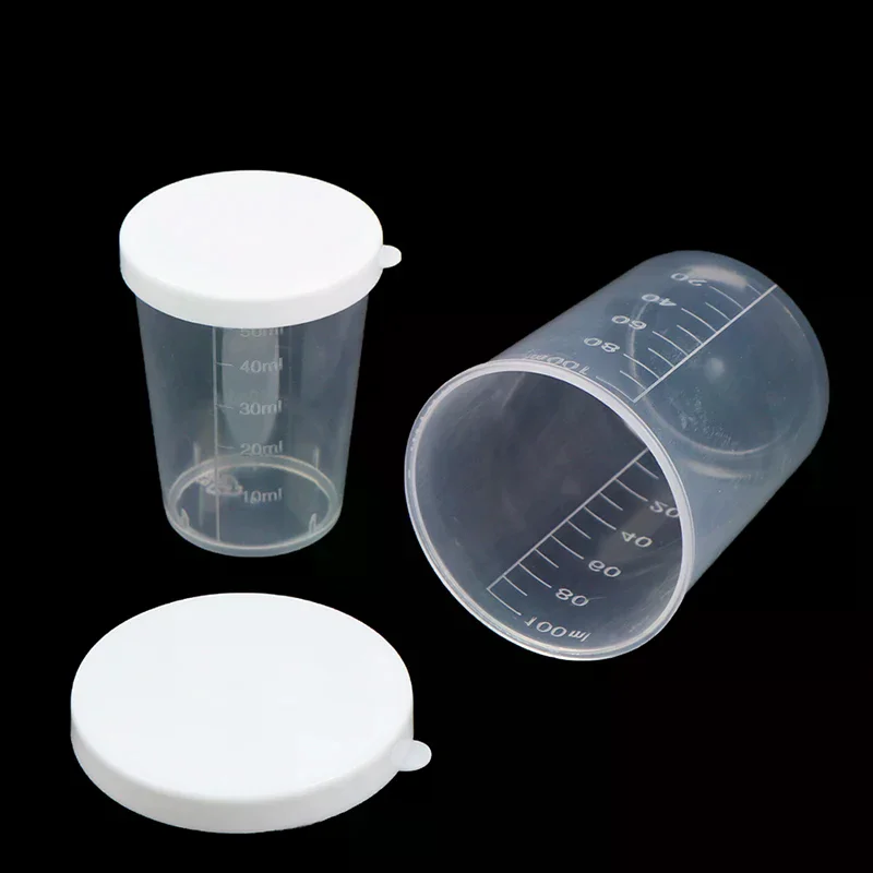 10pcs Mini Samples Cups 50/100ml Measuring Cup With White Cup Lid Sealed Graduated Laboratory Transparent Plastic Cup
