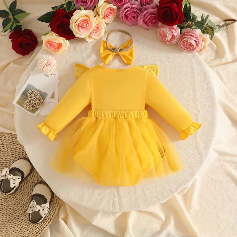 Baby Clothing Newborn Girl Dresses Long Sleeves Yellow Bee Tulle Bodysuit Skirts with Headband Cute Princess Dress 0–18 Months