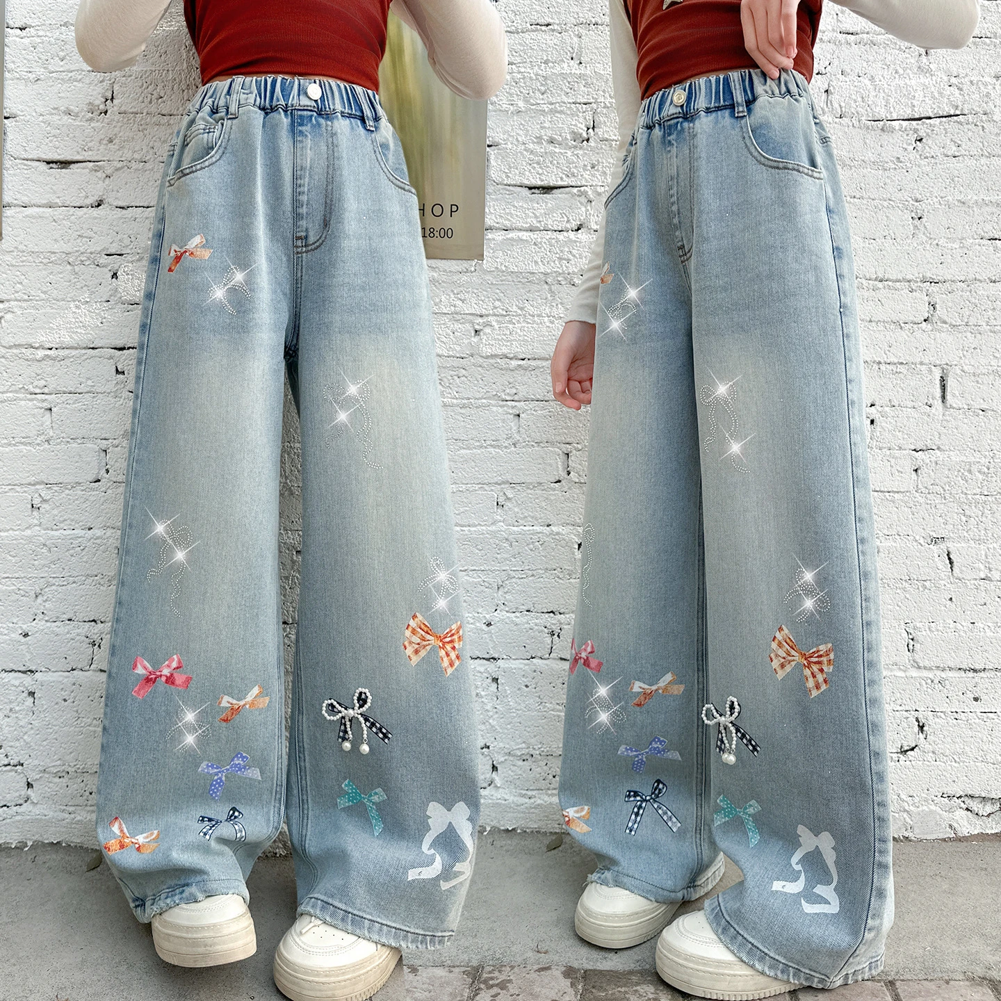 Girls' bow-knot bright diamond jeans spring and autumn fashionable wide-leg straight pants suitable for children aged 4-14y