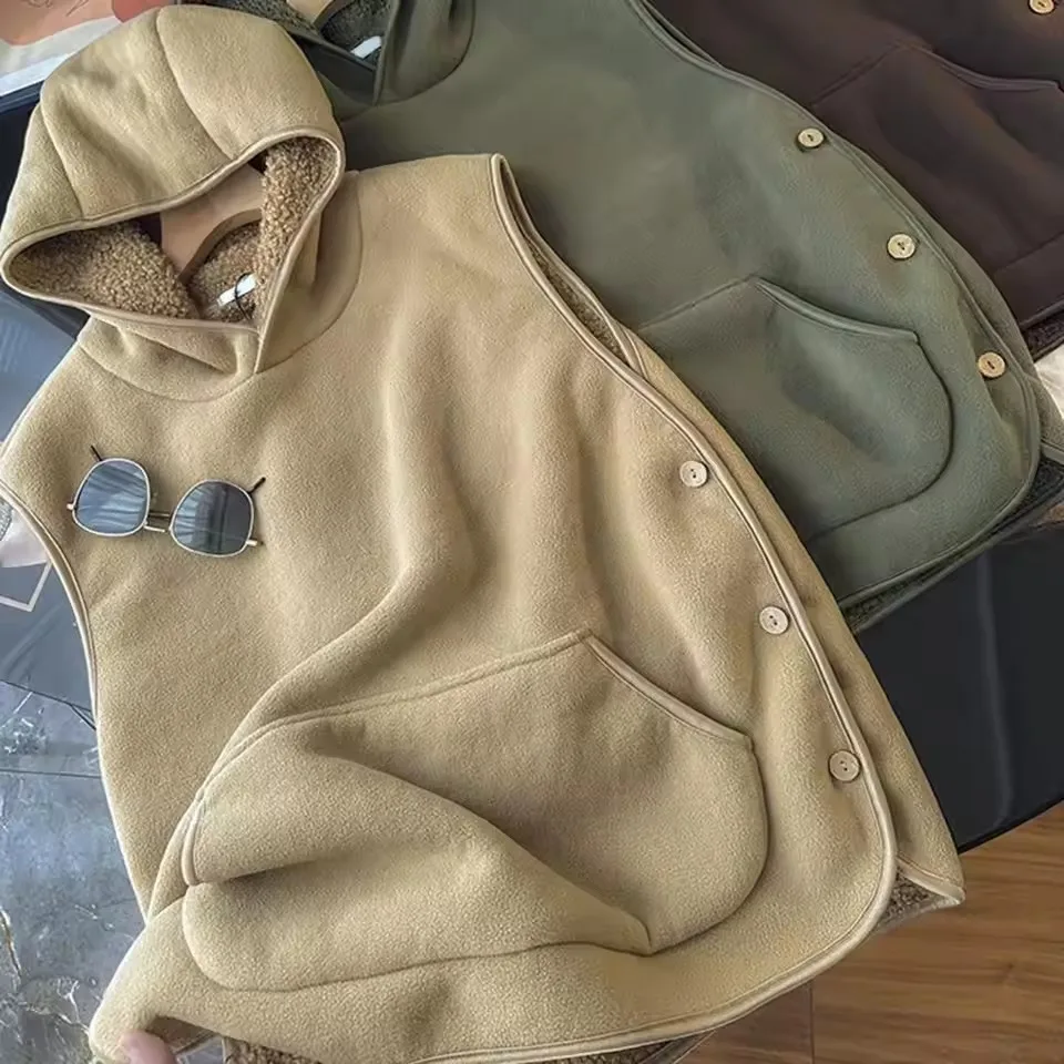 

Женский жилет из овечьей шерсти, женский осенне-зимний флисовый жилет без рукавов с капюшоном и боковой застежкой на пуговицы, однотонные повседневные теплые топы