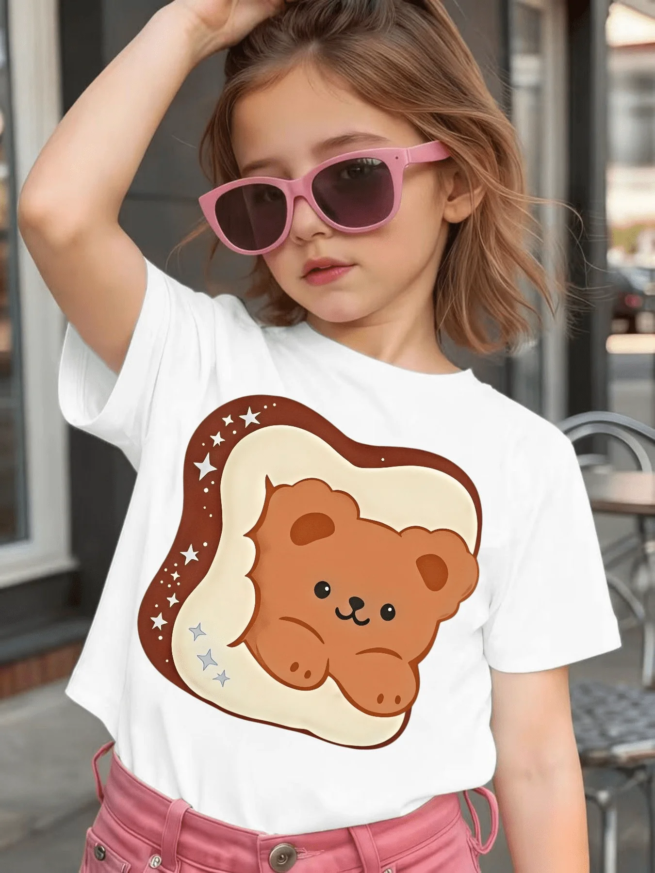 Cute Toast Bread Bear Star Cartoon Graphic Kids Tee Boys Girls Family Matching Cotton Crew Neck Short Sleeve Soft Summer Tee
